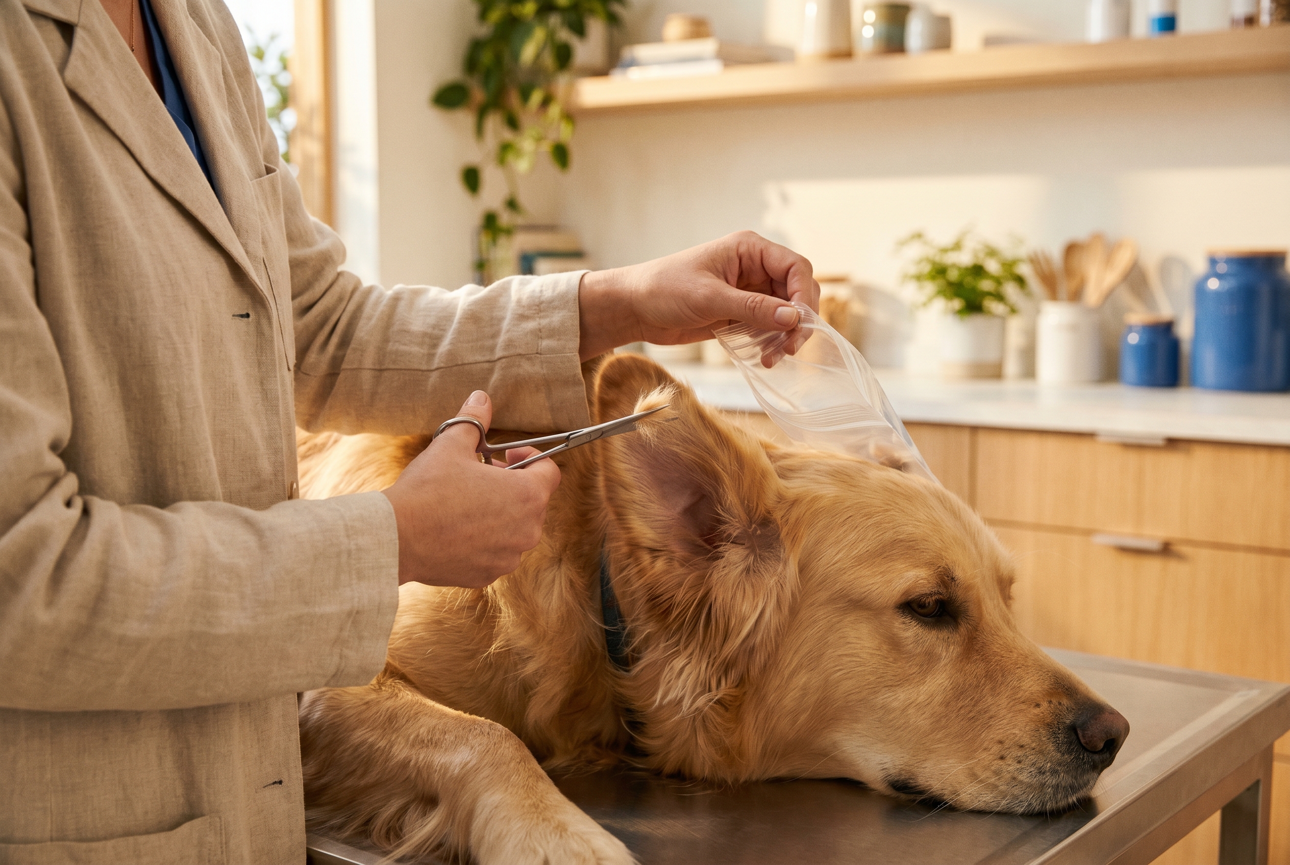 Coleta de amostra de pelo durante consulta veterinária